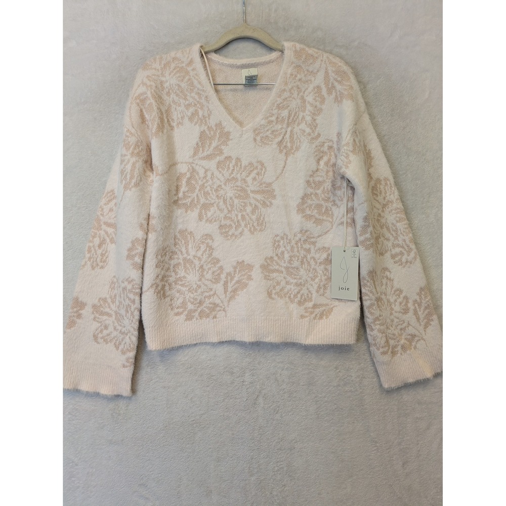 Joie Womens Small Cream Tan Floral‎ Metallic V-Neck Fuzzy Pullover Sweater NWT